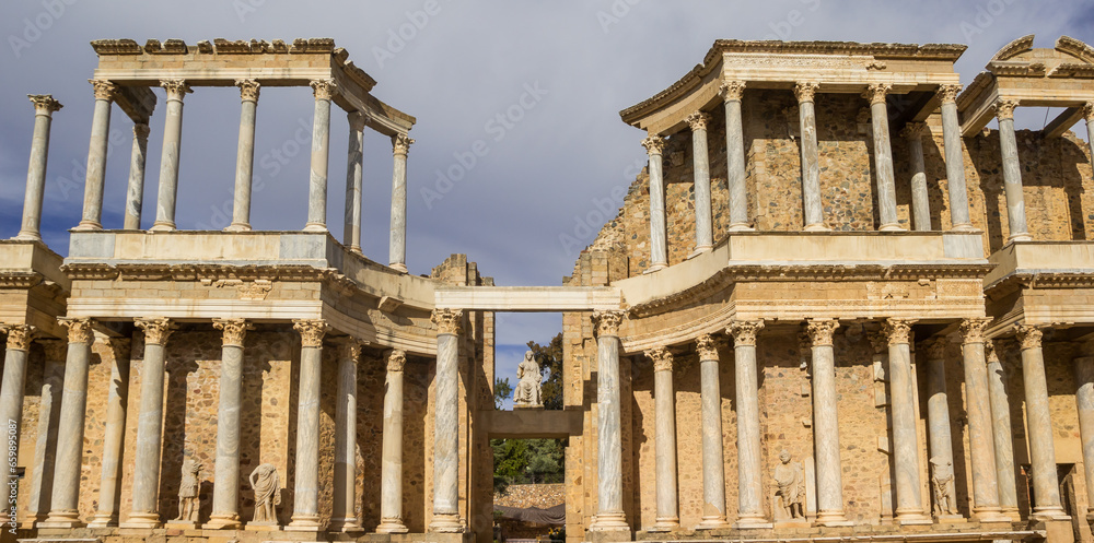 Panorama of the pillars in the roman theater in historic city Merida, Spain