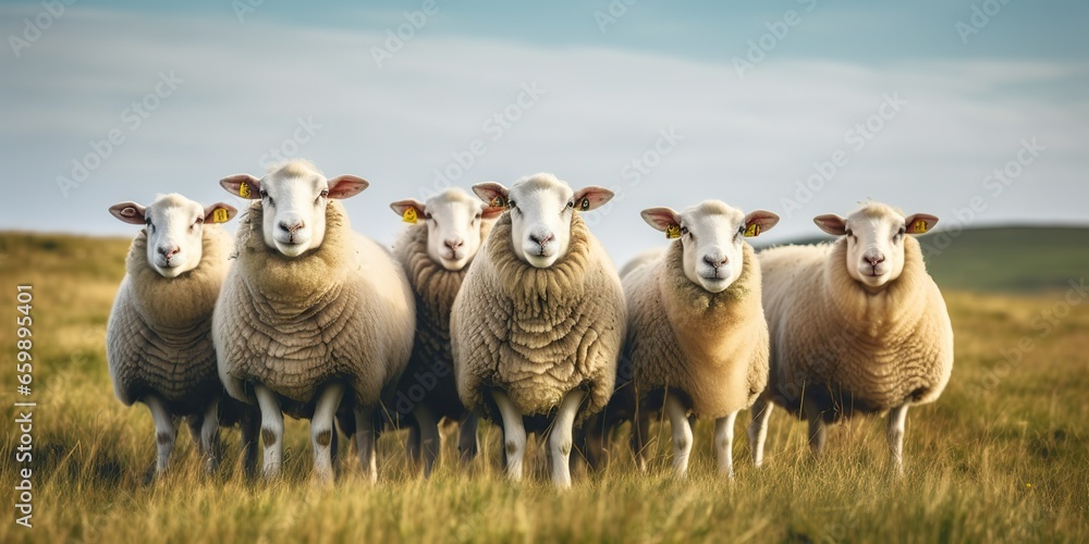 AI Generated. AI Generative. Group of sheeps standing on grass field looking at camera. Graphic Art AI Generated. AI Generative. Group of sheeps standing on grass field looking at camera. Graphic Art