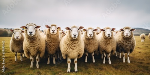 AI Generated. AI Generative. Group of sheeps standing on grass field looking at camera. Graphic Art