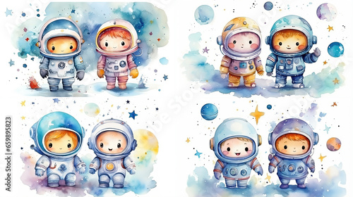 Wallpaper Mural watercolor style cartoon illustration of cute kid wearing spacesuit explore in outer space with planet, balloons and star, isolated on white background, collection set, Generative Ai Torontodigital.ca