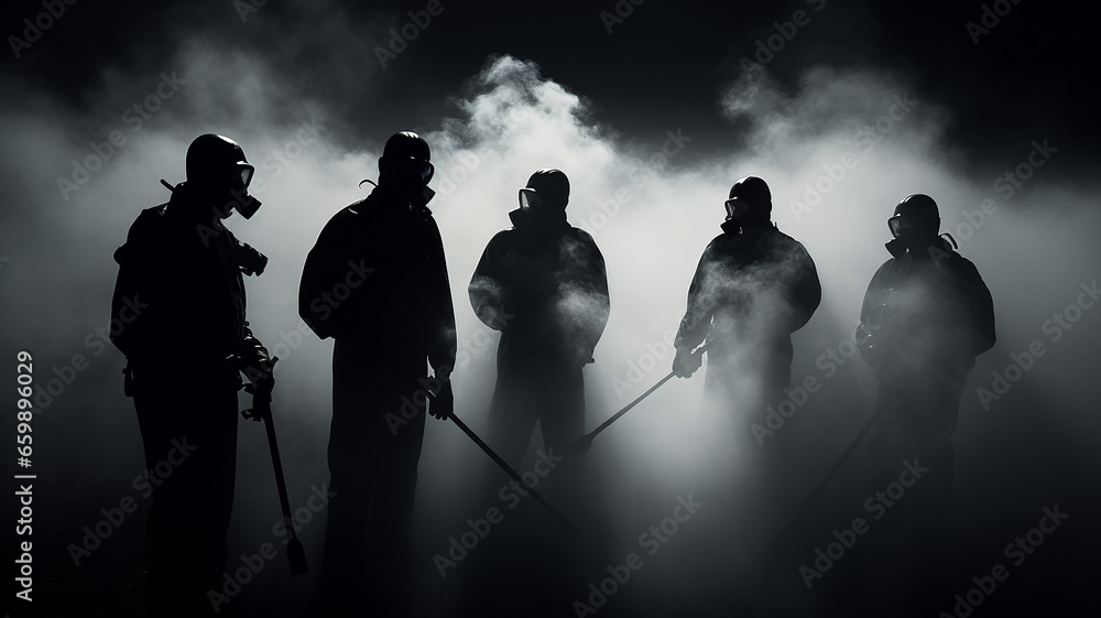 chemical gas attack imitation. silhouettes of people in gas masks black and white fog and smoke.
