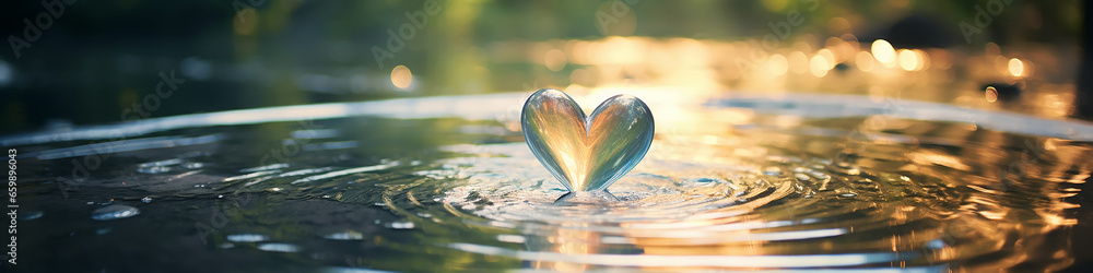 Fototapeta premium yellow leaf in the shape of a heart froze falls into the water in a puddle circles the concept of love autumn seasonal.
