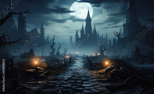 Tombstones, fog under full moon, spooky Halloween background. Graveyard scene evokes eeriness.