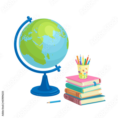 School globe and stack of books. Isolated on white background. Vector flat illustration