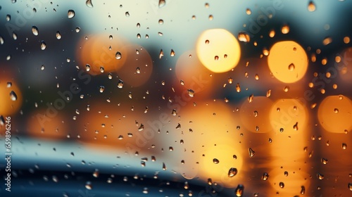 Beautiful Rain drops of water on the windshield of the car with the glass cleaners turned on, during a thunderstorm and rain in the night city. front and back background blurred, bokeh blur © ND STOCK