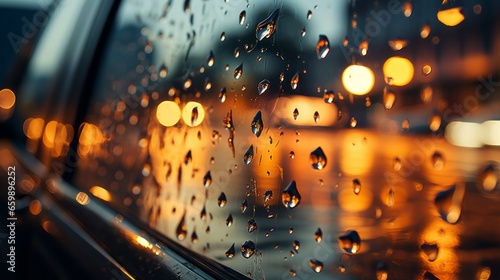 Beautiful Rain drops of water on the windshield of the car with the glass cleaners turned on, during a thunderstorm and rain in the night city. front and back background blurred, bokeh blur