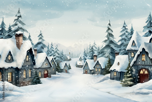 Snowy Christmas market watercolor scene background with empty space for text 