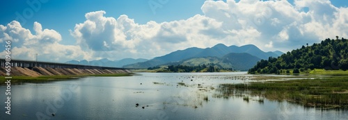Fototapeta Naklejka Na Ścianę i Meble -  Scenic beauty: panoramic vista of a stunning dam, mountains, and blue sky