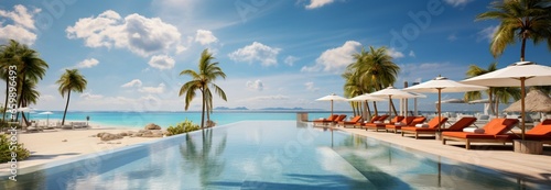 Seaside luxury: beachfront resort with swimming pool, lounge chairs, and umbrellas © Muhammad Shoaib