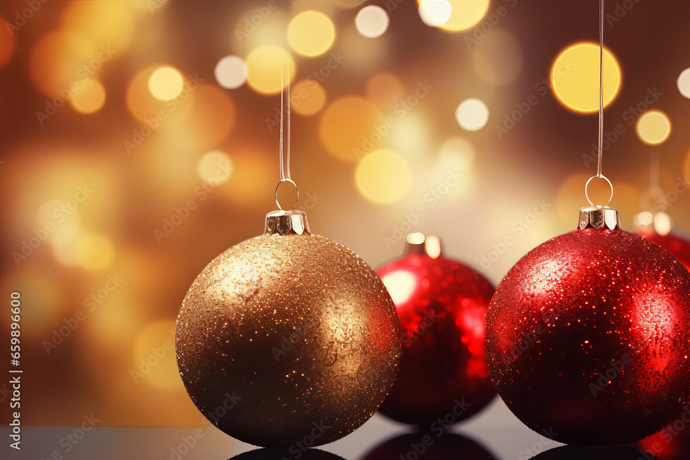 Merry Christmas ornaments. Red and Gold Christmas balls and lights Christmas tree on defocused lights Christmas with bokeh lights and stars. with soft and warm tones Merry Christmas ornaments. Red and Gold Christmas balls and lights Christmas tree on defocused lights Christmas with bokeh lights and stars. with soft and warm tones