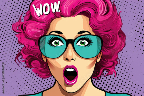Retro comic illustration featuring a surprised woman with vivid pink curly hair and sunglasses in a classic pop art style.