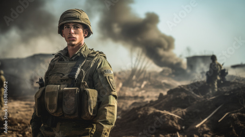 Warfare soldiers looking on camera with smoke in the background - Model by AI generative
 photo