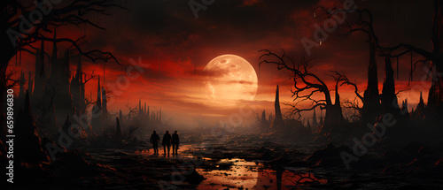 Dark Fantasy Landscape with Red Sky, Generative AI