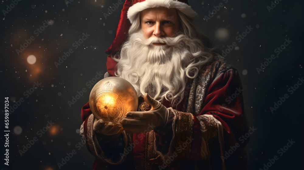 Santa Claus holds a globe in his hands Santa Claus holds a globe in his hands
