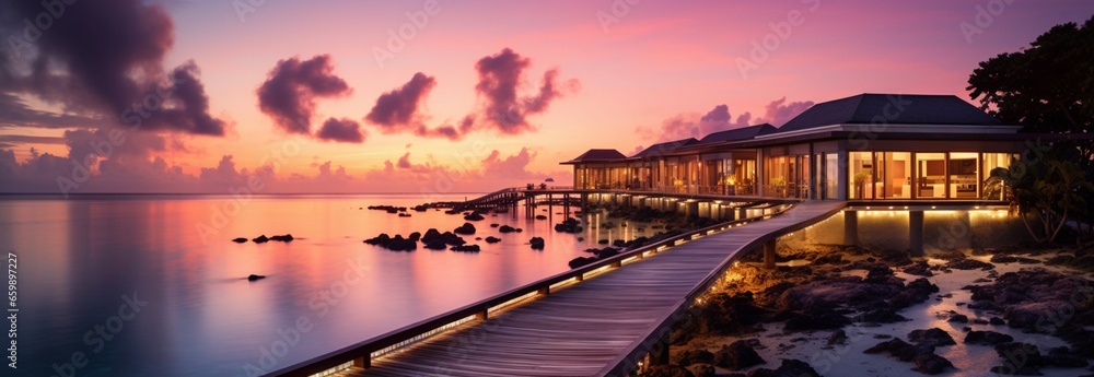 Soft LED lights adorn luxury resort villas amidst a stunning tropical seascape