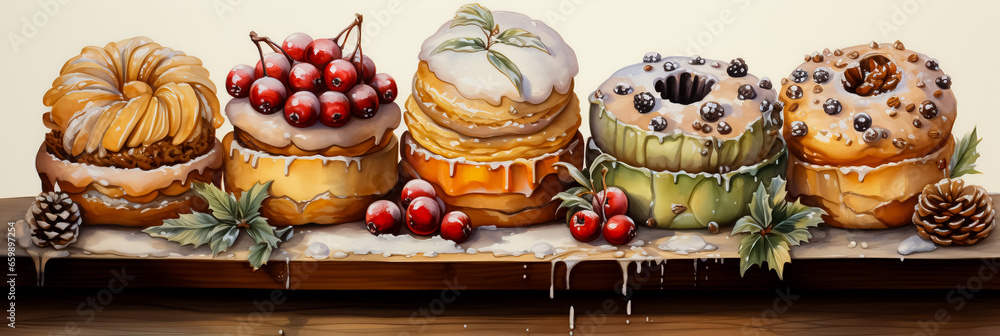 Traditional holiday pastries depicted in cozy snow-dusted watercolor paintings 
