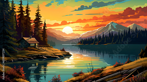 Amazing view on the wooden cabin in the mountain forest, AI generated image in art deco style