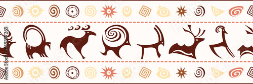 Ethnic seamless border on the theme of rock paintings, vector design, banner