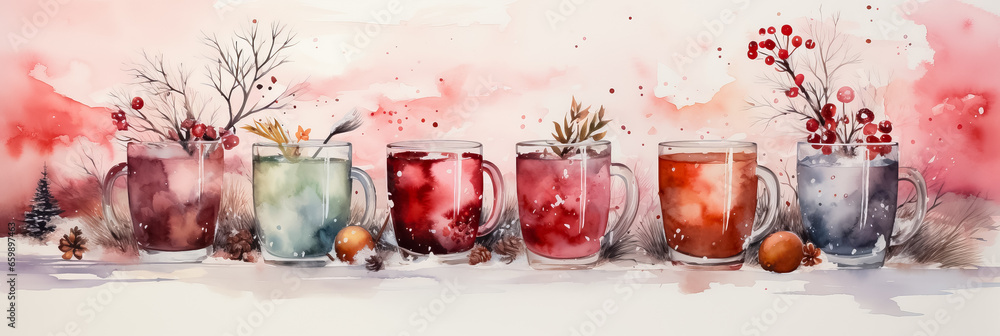 Watercolor hot Christmas beverages in a winter setting background with empty space for text  - obrazy, fototapety, plakaty 