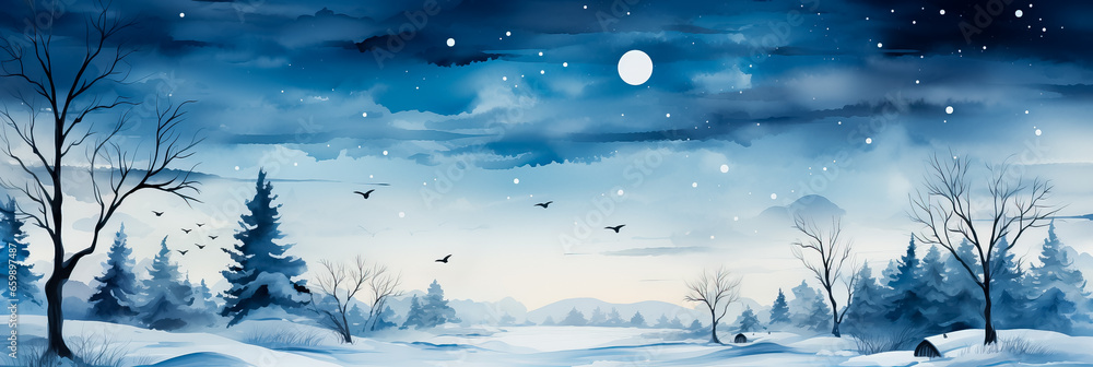 Watercolor snowy landscapes with Christmas angels background with empty space for text 