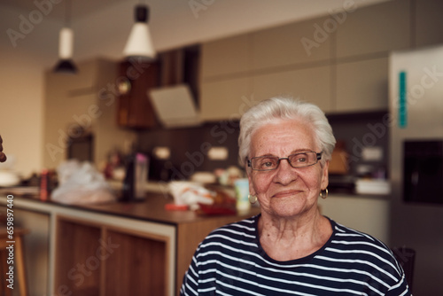 Unfiltered portrait, a real elderly woman sits gracefully in a chair, showcasing the authenticity of aging with wrinkles and a natural face