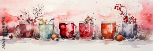 Watercolor hot Christmas beverages in a winter setting background with empty space for text  photo