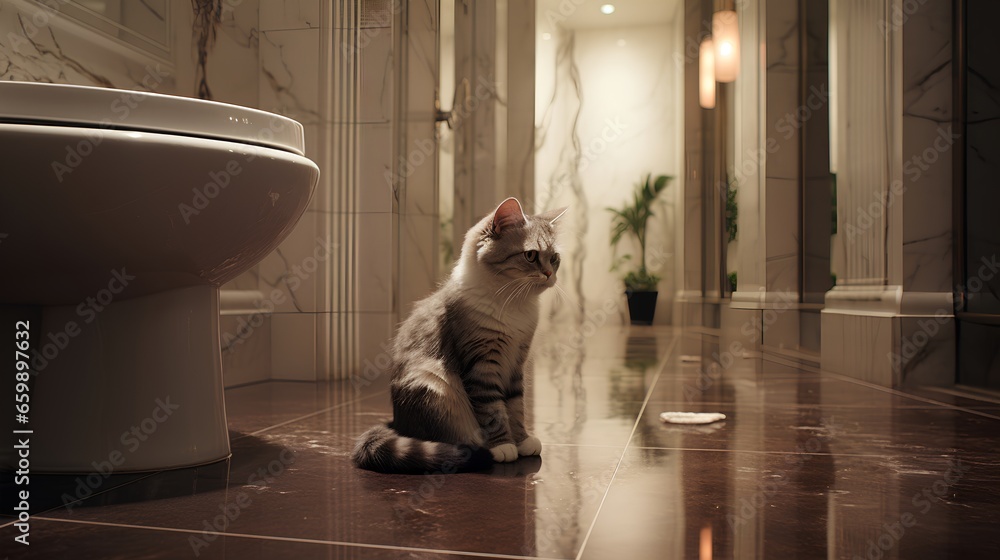 Sad domestic cat sitting on bathroom floor, looking ashamed after urinating outside the litter
