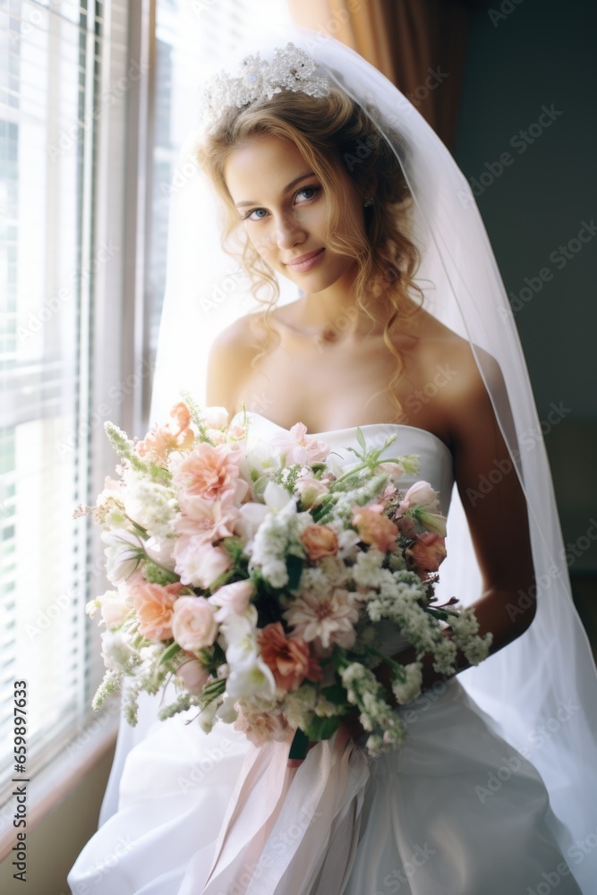 Naklejka premium The bride clutches a bouquet of newly picked flowers