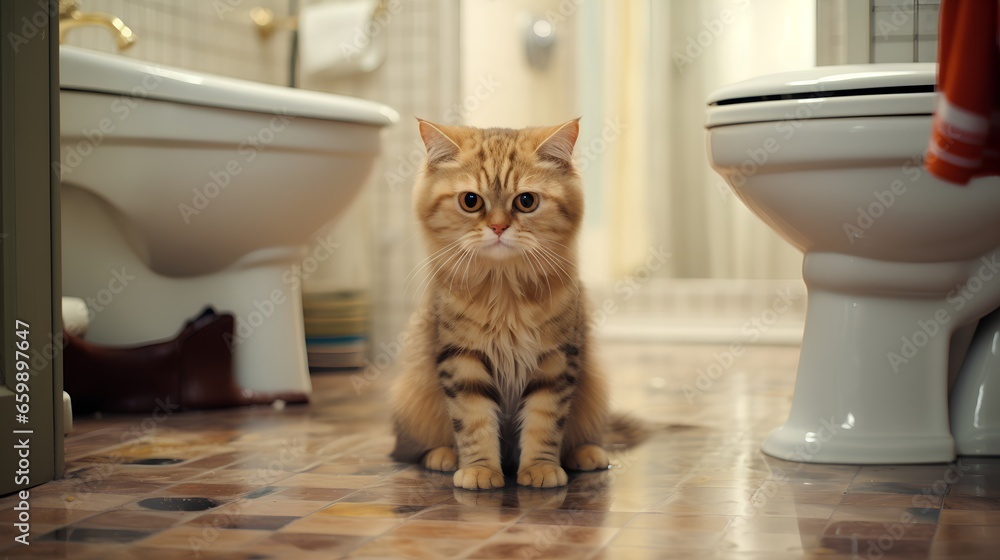 Sad domestic cat sitting on bathroom floor, looking ashamed after urinating outside the litter box. The image depicts a common pet toilet problem, with the unpleasant smell of cat urine in the air. - obrazy, fototapety, plakaty 