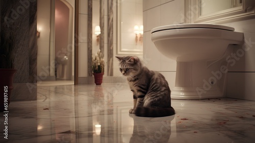 Sad domestic cat sitting on bathroom floor, looking ashamed after urinating outside the litter box. The image depicts a common pet toilet problem, with the unpleasant smell of cat urine in the air. photo