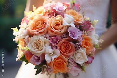 A bridal bouquet held by the bride  featuring fresh blooms