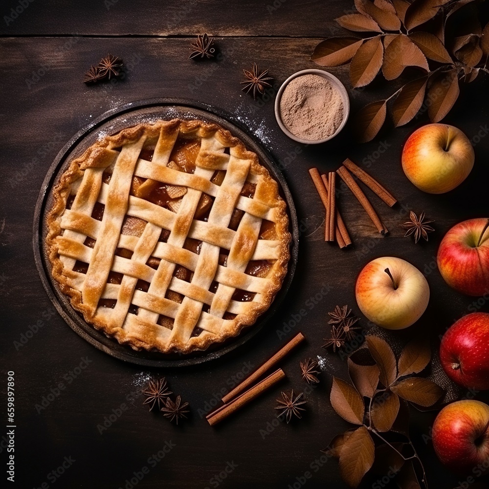 Inviting flat lay of a freshly baked apple pie adorned with cinnamon sticks, offering a delightful visual feast that emanates the heartwarming aroma and cozy comfort of home-baked goodness Inviting flat lay of a freshly baked apple pie adorned with cinnamon sticks, offering a delightful visual feast that emanates the heartwarming aroma and cozy comfort of home-baked goodness