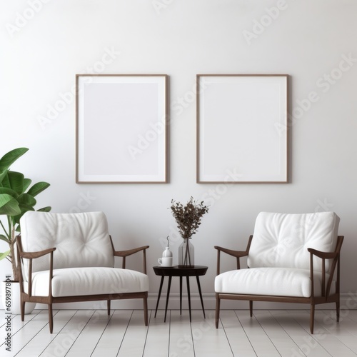 photo frame mock up in boho and minimal style living room at home, blank poster frame mockup design © kanmin