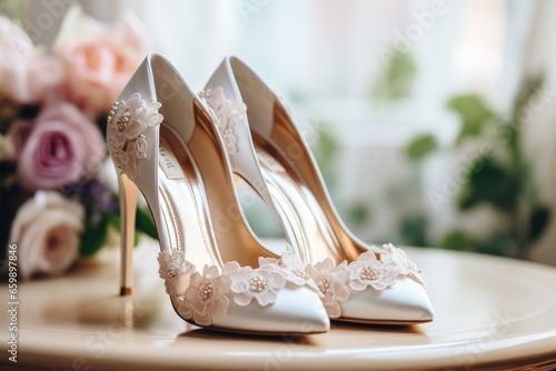 A pair of white wedding footwear for the bride photo