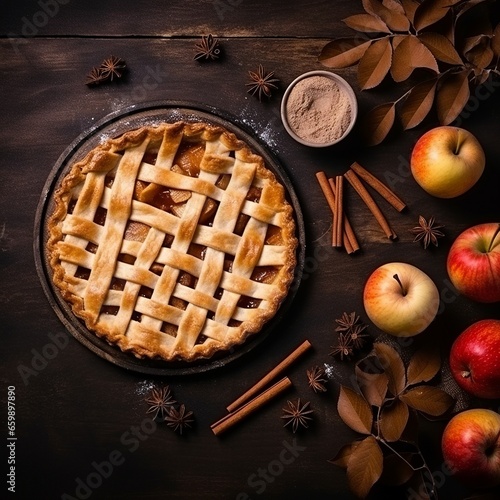 Inviting flat lay of a freshly baked apple pie adorned with cinnamon sticks, offering a delightful visual feast that emanates the heartwarming aroma and cozy comfort of home-baked goodness