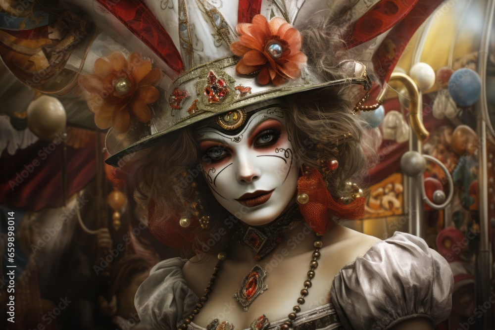 a woman at the tradition venetian carnival wearing face paint make-up and whimsical magical hat a woman at the tradition venetian carnival wearing face paint make-up and whimsical magical hat
