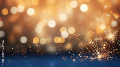 Blue and gold bokeh, spark for Christmas and  Happy New Year for background