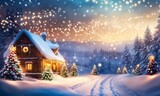 Christmas winter blurred background. Xmas tree with snow decorated with garland lights, holiday festive background. Widescreen backdrop. New year Winter art design, wide screen holiday, Generative AI