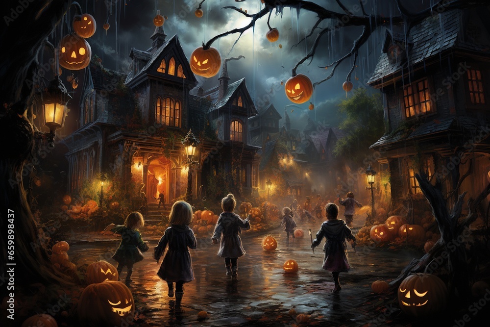 Costumed Children Trick-or-Treating in a Festively Adorned Neighborhood, created with Generative AI