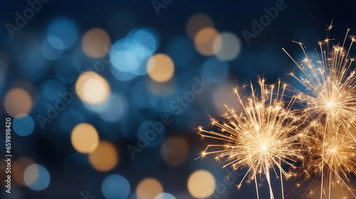 Blue and gold bokeh  spark for Christmas and  Happy New Year for background