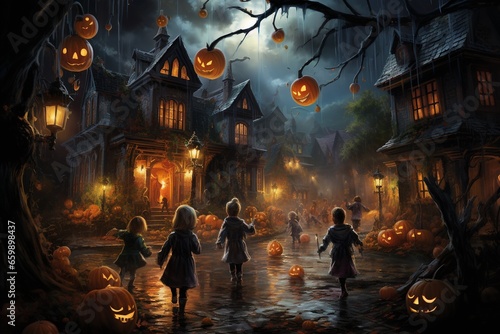 Costumed Children Trick-or-Treating in a Festively Adorned Neighborhood, created with Generative AI © dendyh7