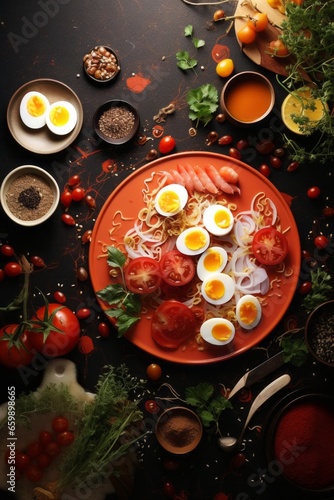 a top view flat lay of food ingredients, food photo template background: eggs and tomatoes salad dish on a plate on black background, vertical