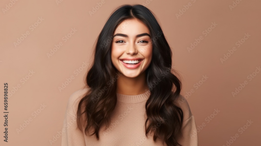 A joyful teenager, her eyes sparkling with happiness, photographed against a soft and airy studio setting. A joyful teenager, her eyes sparkling with happiness, photographed against a soft and airy studio setting.