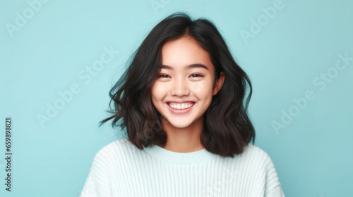 A joyful teenager, her eyes sparkling with happiness, photographed against a soft and airy studio setting.