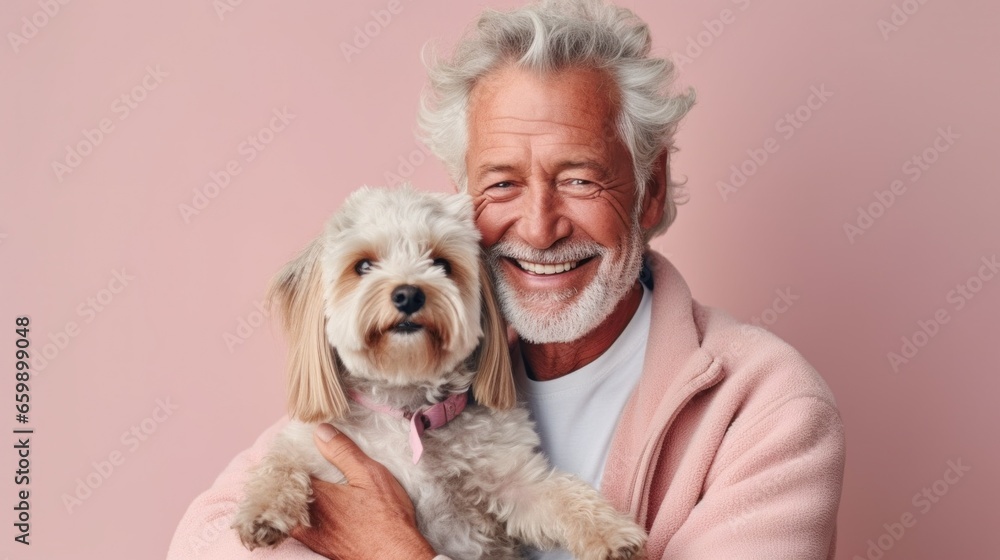 A smiling senior man and his dog pose in a studio with a soft background. A smiling senior man and his dog pose in a studio with a soft background.