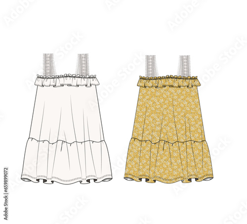 girl A form frilly flowy dress fashion vector template