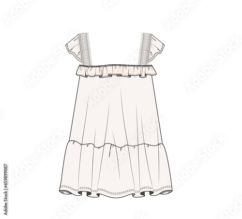 girl A form frilly flowy dress fashion vector template