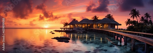 Tropical sunset paints luxury resort villas in a dreamy seascape paradise