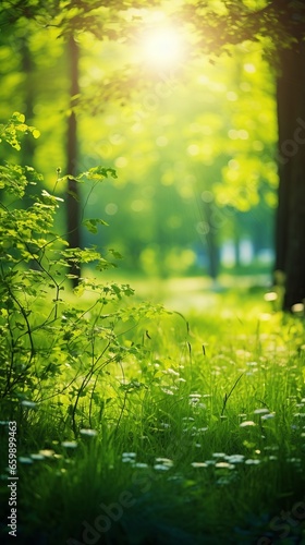 Picturesque photo of a field or meadow: Summer Beautiful spring perfect natural landscape background, defocused blurred green trees in forest with wild grass and sun beams © Romana