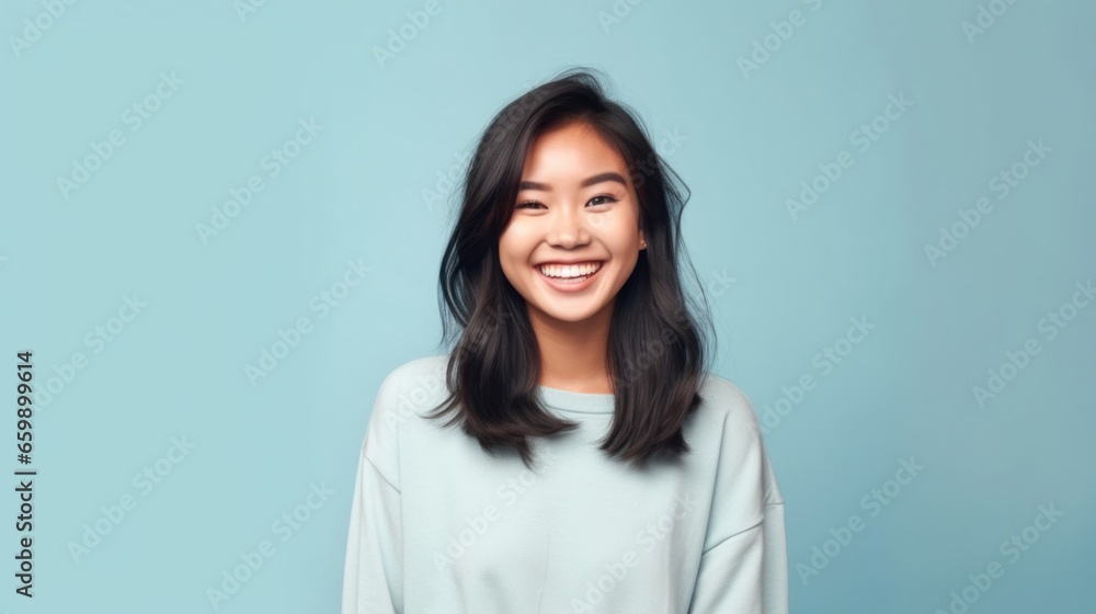 A beaming Asian teen girl exudes confidence and joy as she strikes a pose against a light, uncluttered studio background.